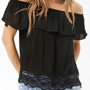 F21 black off the shoulder crochet hem top